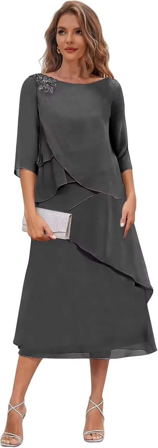 Women's Tea Length Mother of The Bride Dresses with Sleeves Tiered Chiffon Evening Formal Dress for Wedding