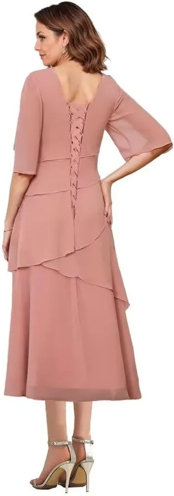 Women's Tea Length Mother of The Bride Dresses with Sleeves Tiered Chiffon Evening Formal Dress for Wedding