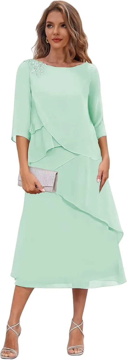 Women's Tea Length Mother of The Bride Dresses with Sleeves Tiered Chiffon Evening Formal Dress for Wedding
