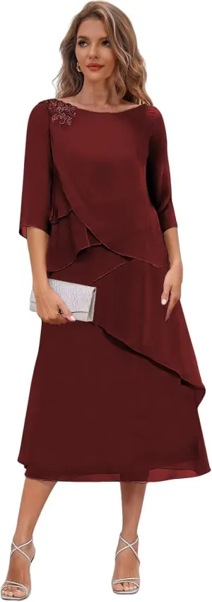 Women's Tea Length Mother of The Bride Dresses with Sleeves Tiered Chiffon Evening Formal Dress for Wedding