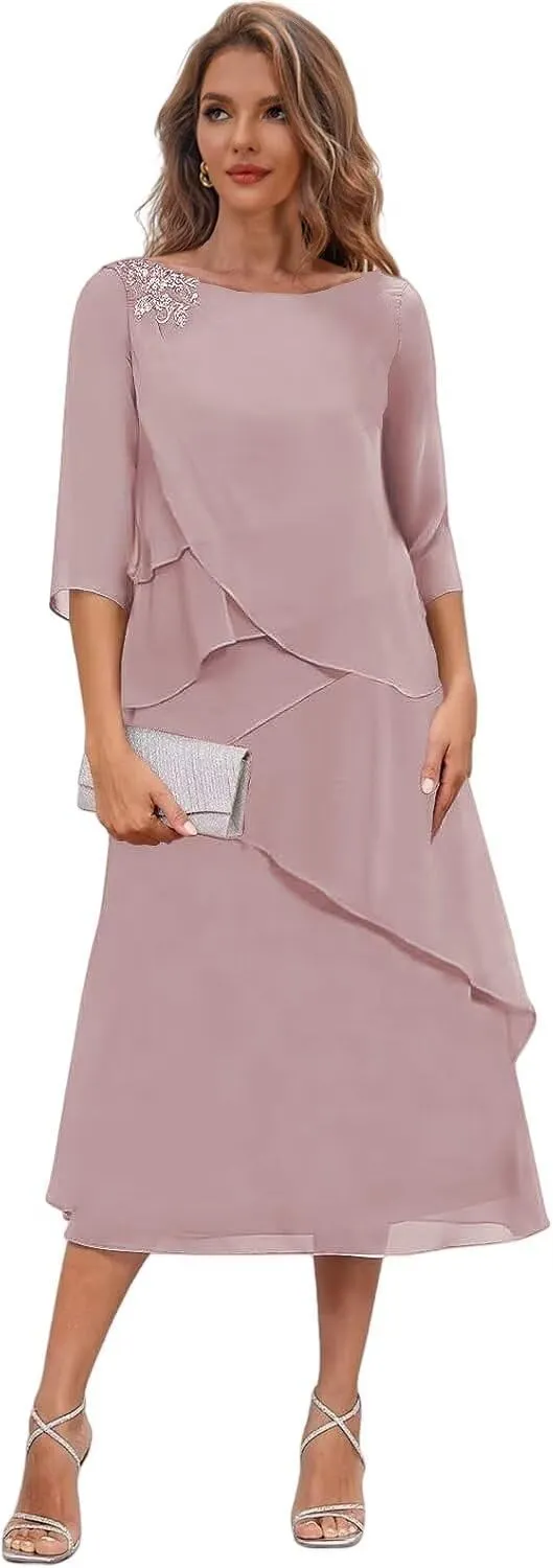 Women's Tea Length Mother of The Bride Dresses with Sleeves Tiered Chiffon Evening Formal Dress for Wedding