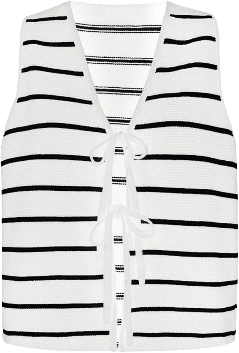 Womens Tie Front Sweater Vest Knit V Neck Lace Up Sleeveless Cardigan Casual Knitted Vest