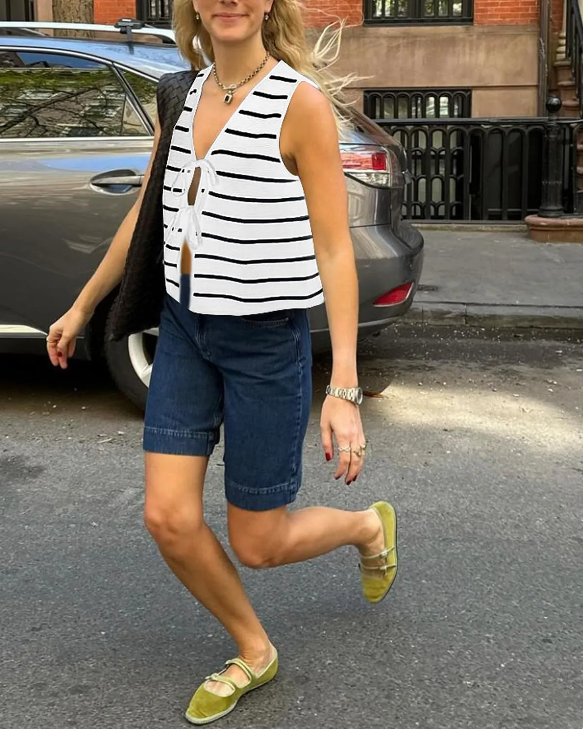 Womens Tie Front Sweater Vest Knit V Neck Lace Up Sleeveless Cardigan Casual Knitted Vest