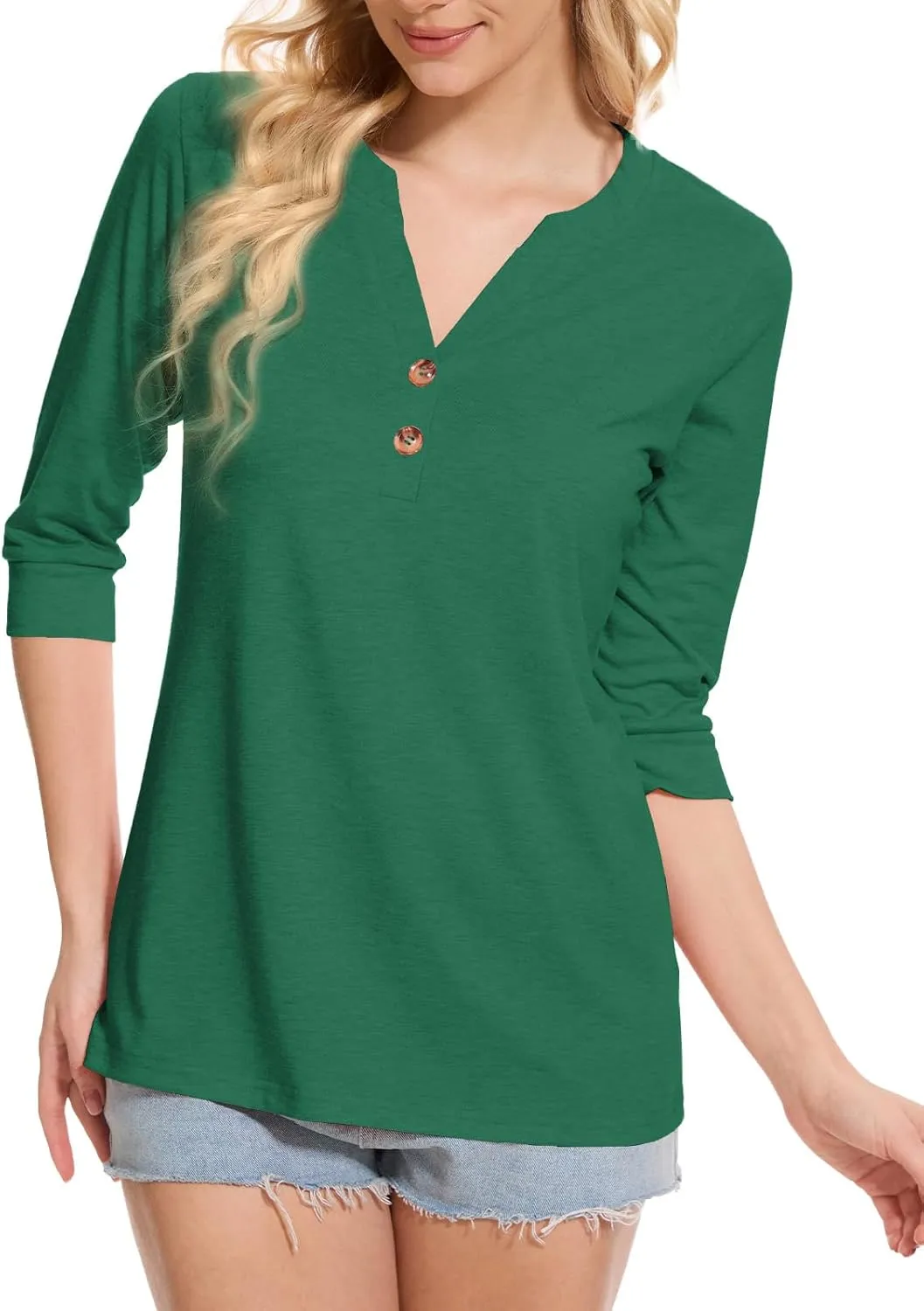 Womens Tops 3/4 Sleeve V Neck Button Down Shirts Business Casual Outfit Basic Tees Summer Top 2025