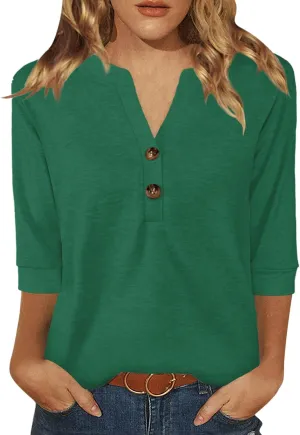 Womens Tops 3/4 Sleeve V Neck Button Down Shirts Business Casual Outfit Basic Tees Summer Top 2025