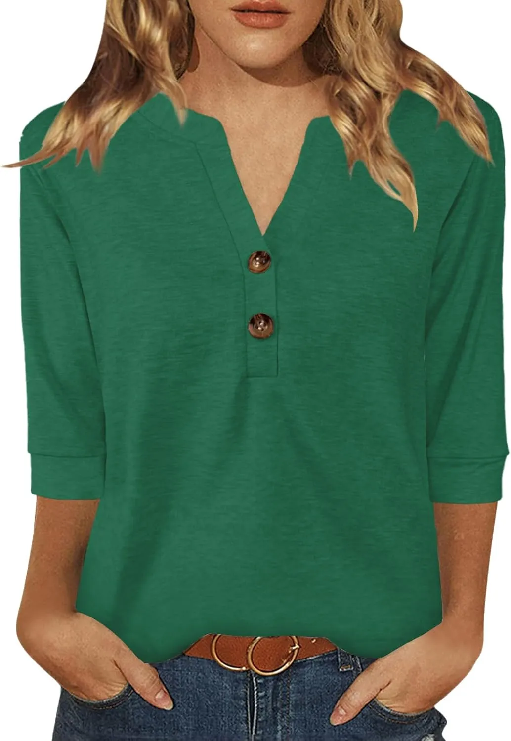 Womens Tops 3/4 Sleeve V Neck Button Down Shirts Business Casual Outfit Basic Tees Summer Top 2025