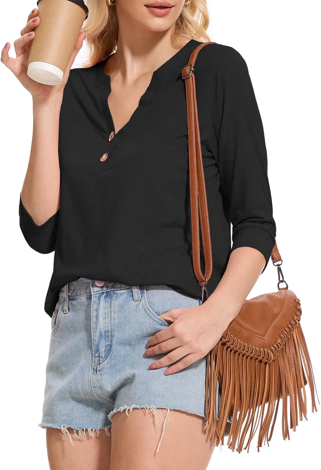 Womens Tops 3/4 Sleeve V Neck Button Down Shirts Business Casual Outfit Basic Tees Summer Top 2025