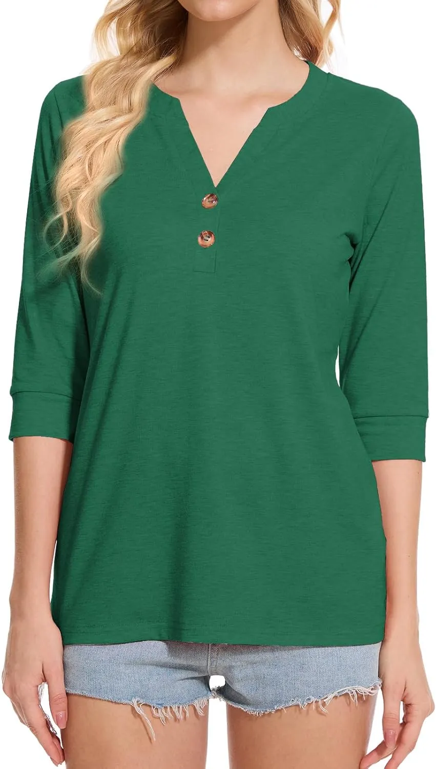 Womens Tops 3/4 Sleeve V Neck Button Down Shirts Business Casual Outfit Basic Tees Summer Top 2025