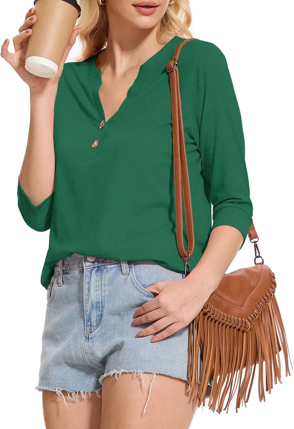 Womens Tops 3/4 Sleeve V Neck Button Down Shirts Business Casual Outfit Basic Tees Summer Top 2025