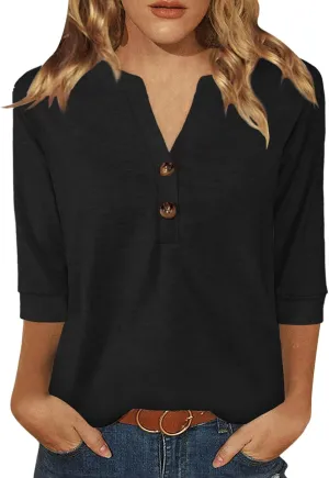 Womens Tops 3/4 Sleeve V Neck Button Down Shirts Business Casual Outfit Basic Tees Summer Top 2025