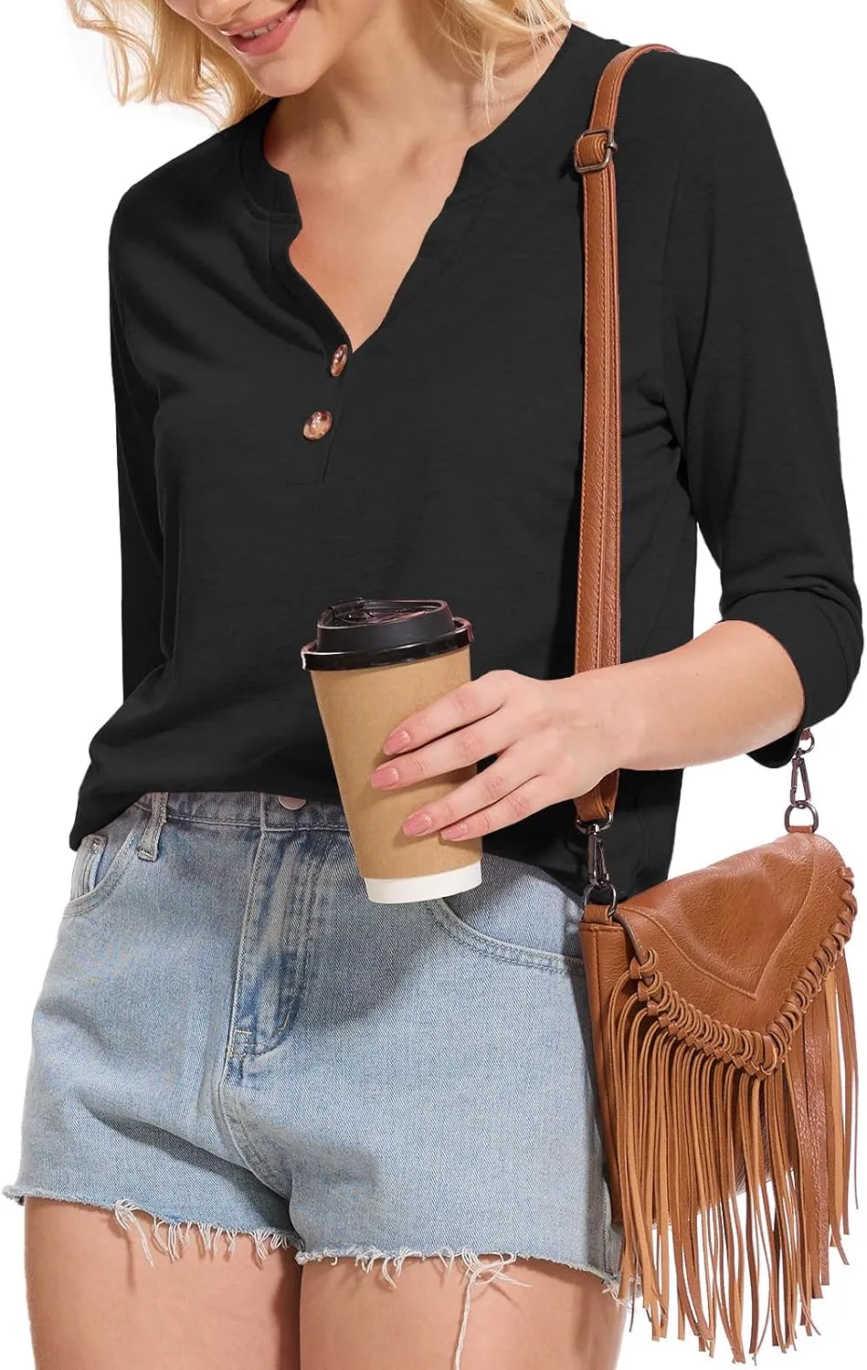Womens Tops 3/4 Sleeve V Neck Button Down Shirts Business Casual Outfit Basic Tees Summer Top 2025