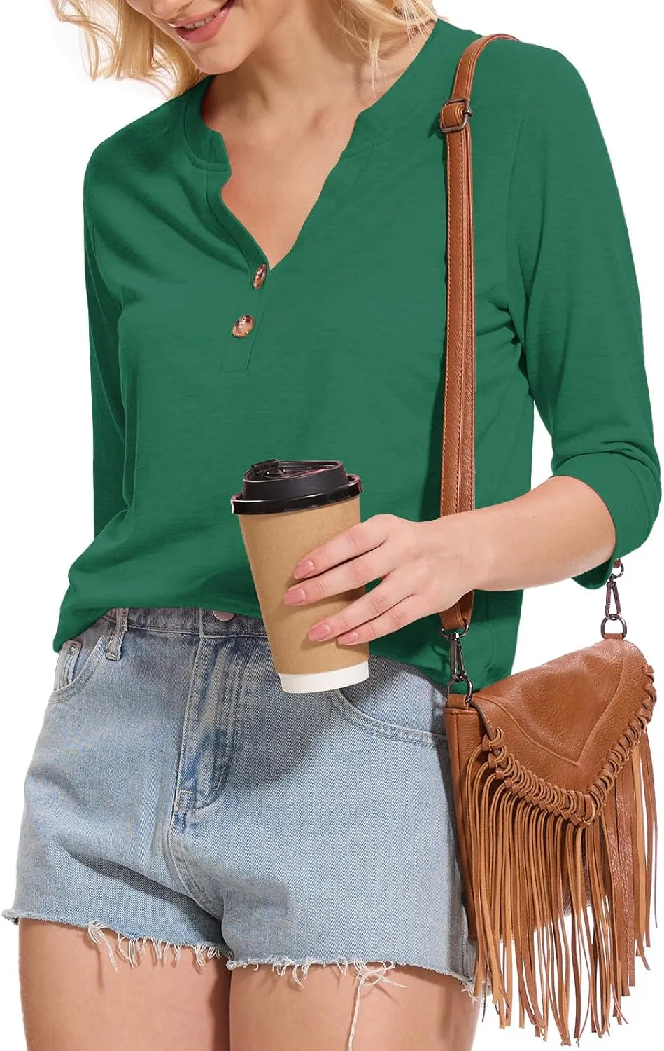 Womens Tops 3/4 Sleeve V Neck Button Down Shirts Business Casual Outfit Basic Tees Summer Top 2025