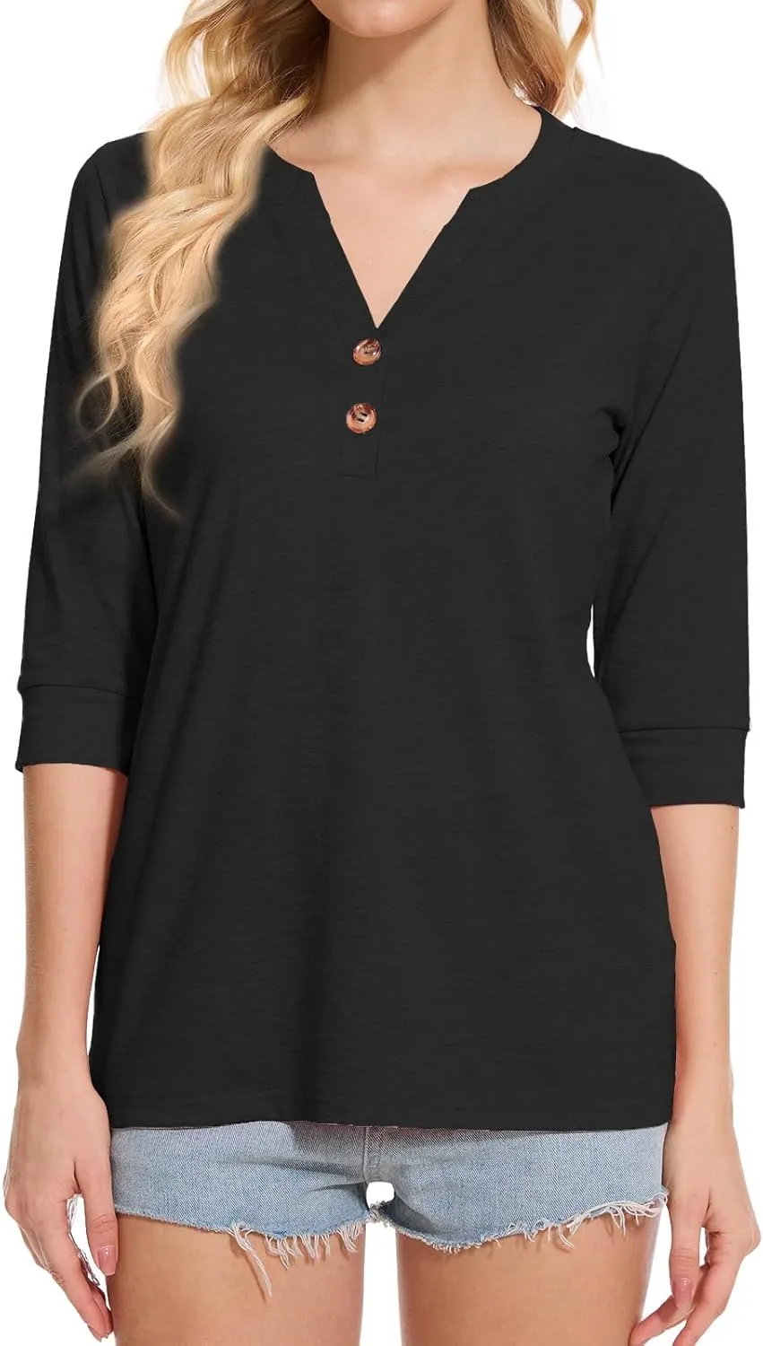 Womens Tops 3/4 Sleeve V Neck Button Down Shirts Business Casual Outfit Basic Tees Summer Top 2025