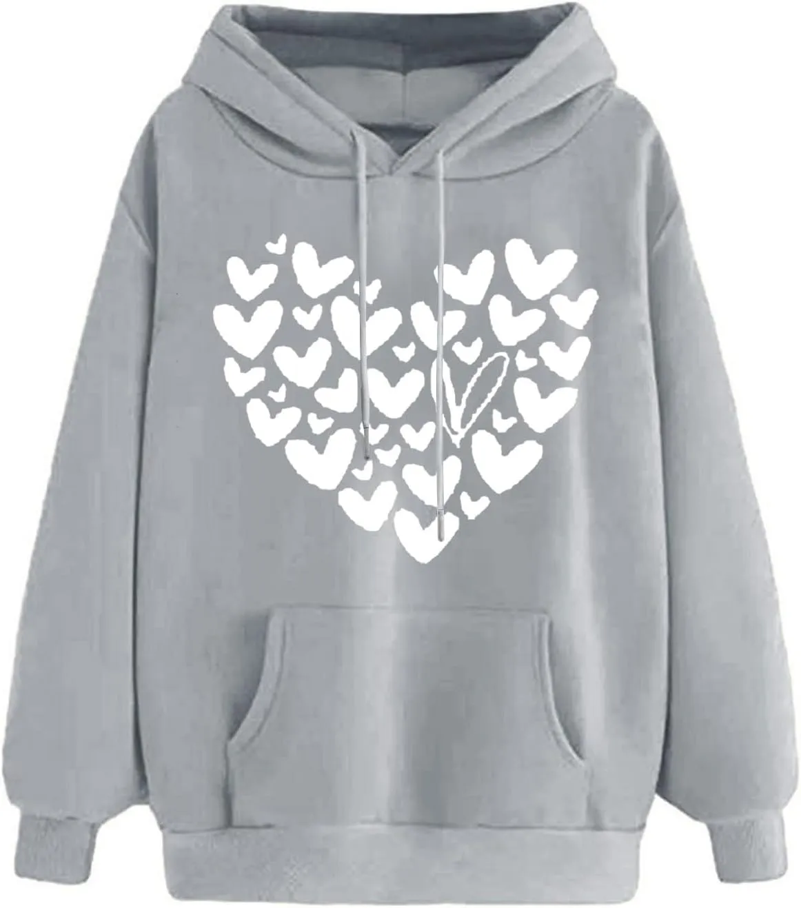Womens Trendy Graphic Hoodies Heart Print Long Sleeve Pocket Casual Loose Fitted Sweatshirt Drawstring Pullover Tops