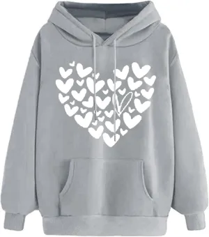 Womens Trendy Graphic Hoodies Heart Print Long Sleeve Pocket Casual Loose Fitted Sweatshirt Drawstring Pullover Tops