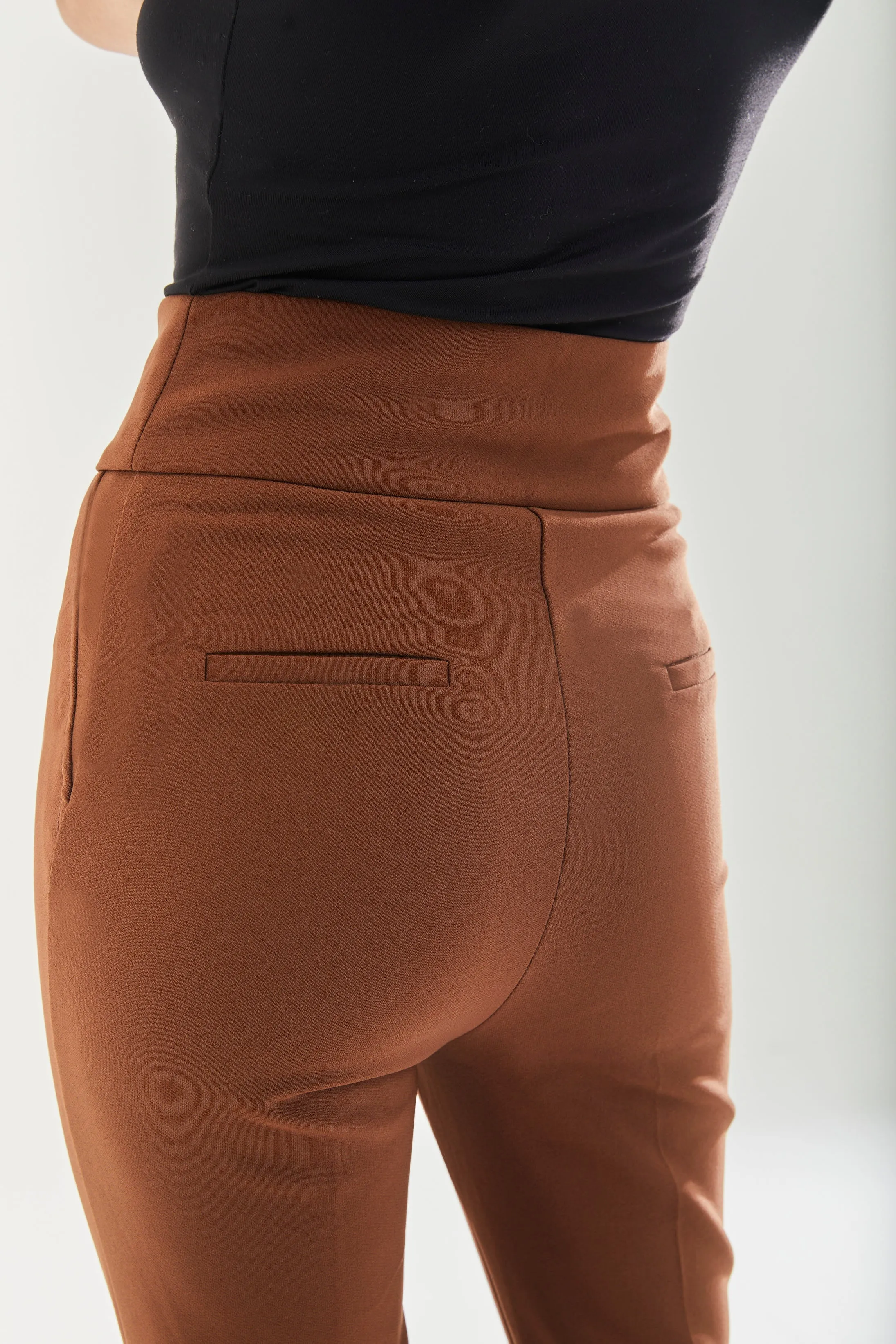 Women's Trousers - Plain Brown Skinny Fit Ankle Length with Zip Closure - Liquorish