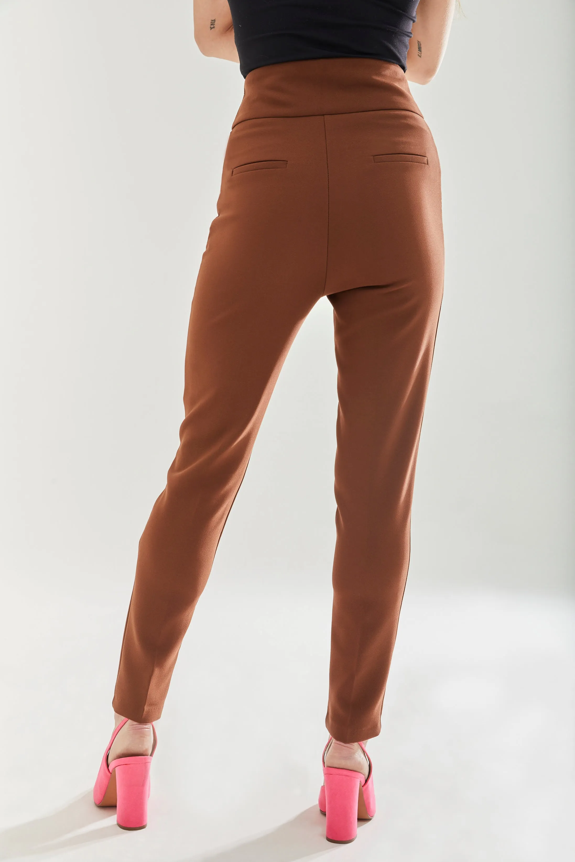 Women's Trousers - Plain Brown Skinny Fit Ankle Length with Zip Closure - Liquorish