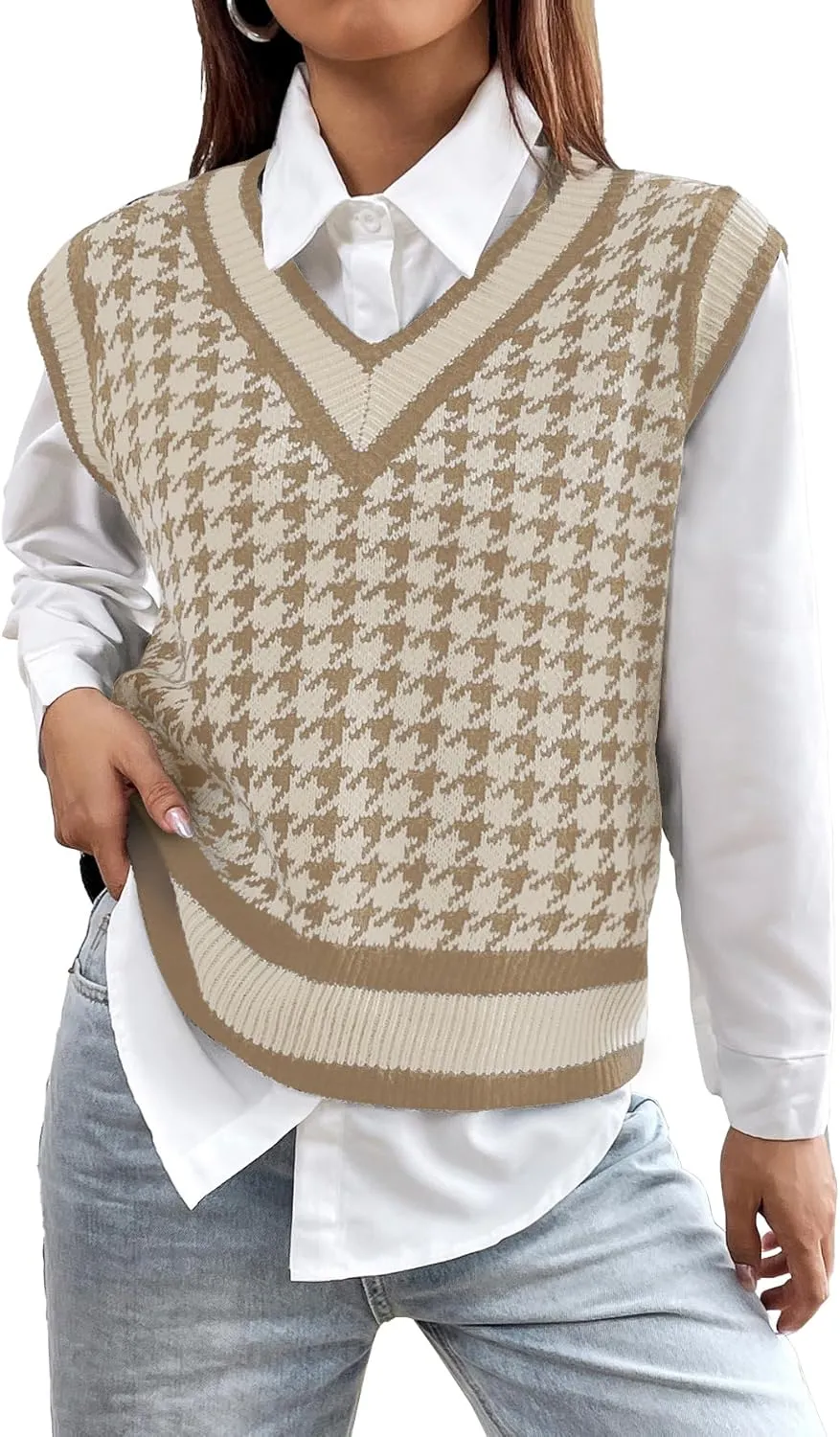 Women's V Neck Knit Sweater Vest Fall Houndstooth Sleeveless Pullover Crop Knitwear Preppy Style Tank Tops 2024