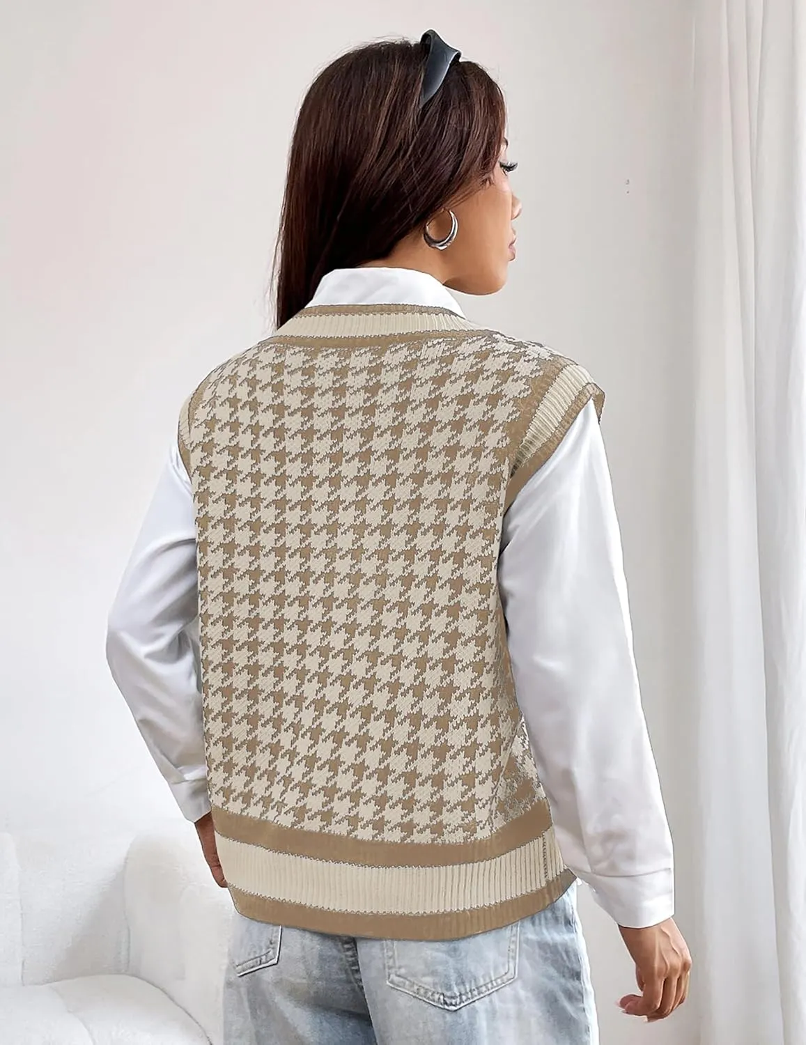 Women's V Neck Knit Sweater Vest Fall Houndstooth Sleeveless Pullover Crop Knitwear Preppy Style Tank Tops 2024