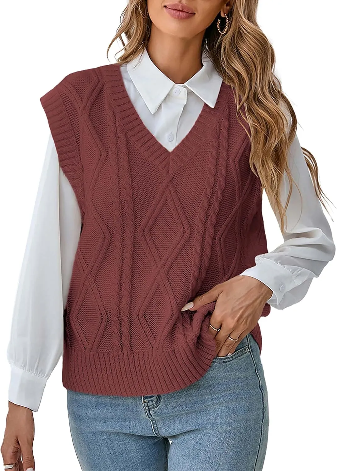 Women's V Neck Knit Sweater Vest Fall Houndstooth Sleeveless Pullover Crop Knitwear Preppy Style Tank Tops 2024