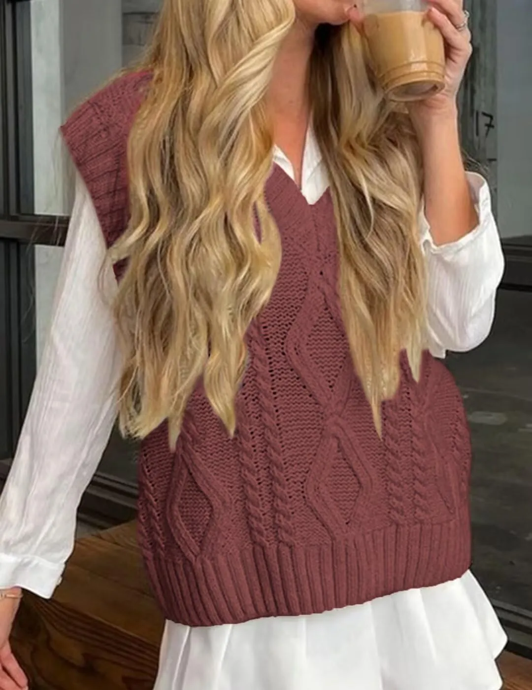 Women's V Neck Knit Sweater Vest Fall Houndstooth Sleeveless Pullover Crop Knitwear Preppy Style Tank Tops 2024