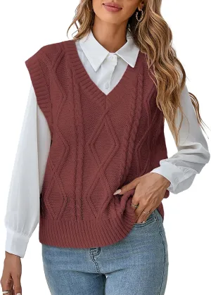Women's V Neck Knit Sweater Vest Fall Houndstooth Sleeveless Pullover Crop Knitwear Preppy Style Tank Tops 2024