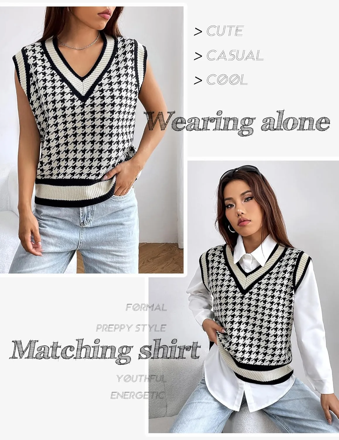 Women's V Neck Knit Sweater Vest Fall Houndstooth Sleeveless Pullover Crop Knitwear Preppy Style Tank Tops 2024