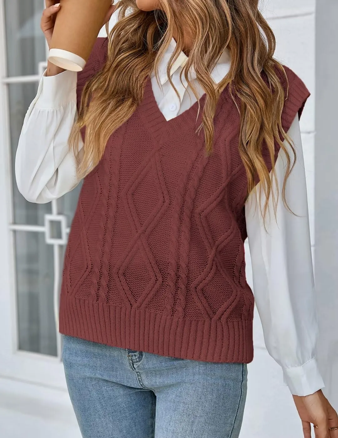 Women's V Neck Knit Sweater Vest Fall Houndstooth Sleeveless Pullover Crop Knitwear Preppy Style Tank Tops 2024