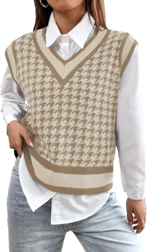 Women's V Neck Knit Sweater Vest Fall Houndstooth Sleeveless Pullover Crop Knitwear Preppy Style Tank Tops 2024