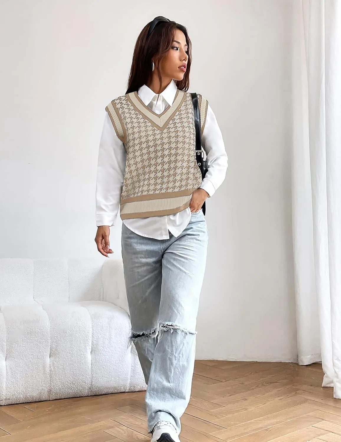 Women's V Neck Knit Sweater Vest Fall Houndstooth Sleeveless Pullover Crop Knitwear Preppy Style Tank Tops 2024
