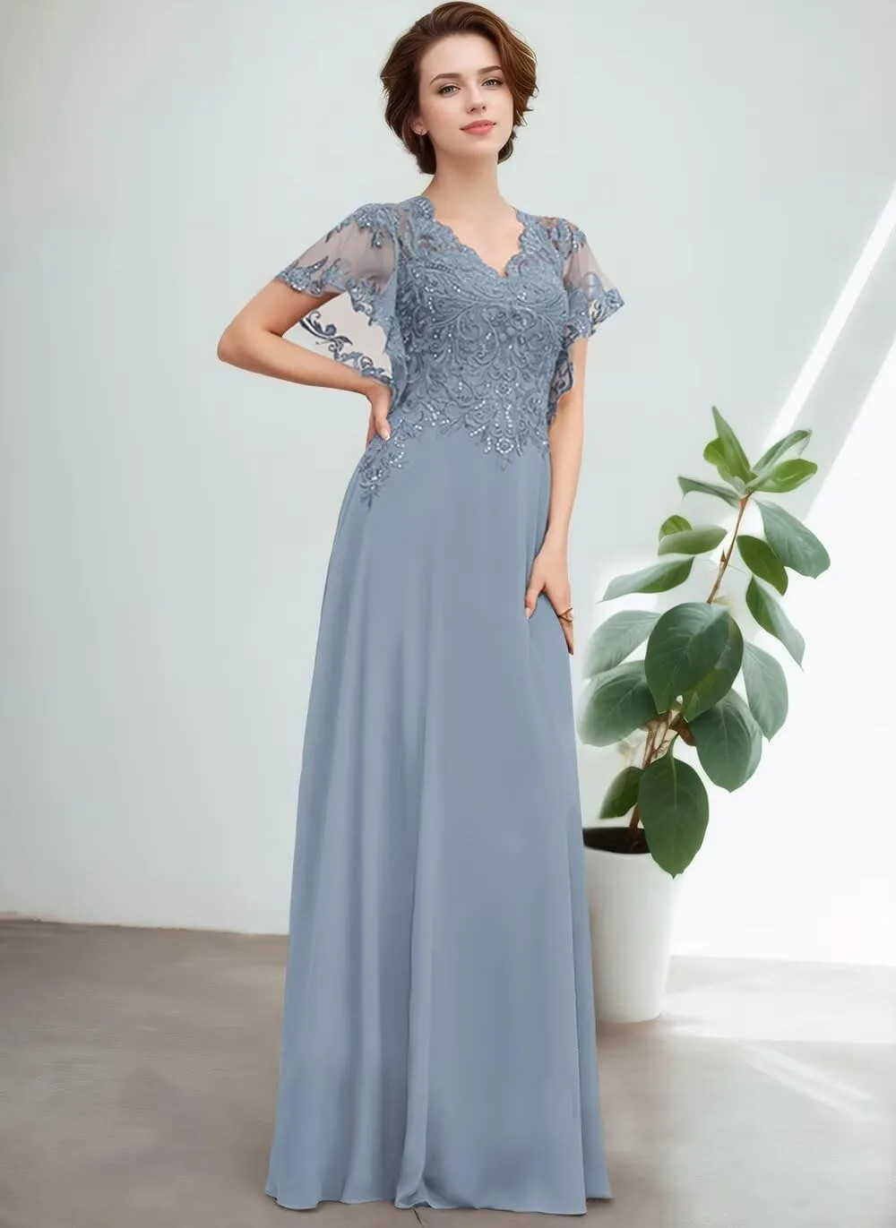 Women's V-Neck Lace Appliques Mother of The Bride Dresses A-Line Chiffon Formal Gowns and Evening Party Dresses