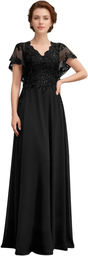 Women's V-Neck Lace Appliques Mother of The Bride Dresses A-Line Chiffon Formal Gowns and Evening Party Dresses