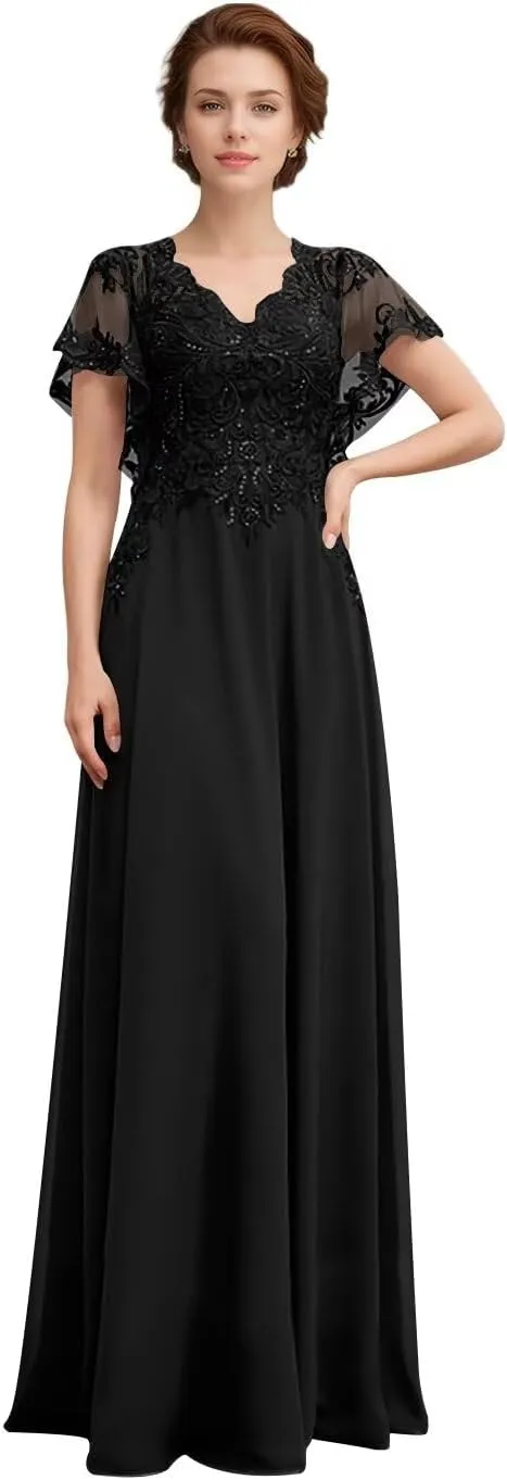 Women's V-Neck Lace Appliques Mother of The Bride Dresses A-Line Chiffon Formal Gowns and Evening Party Dresses