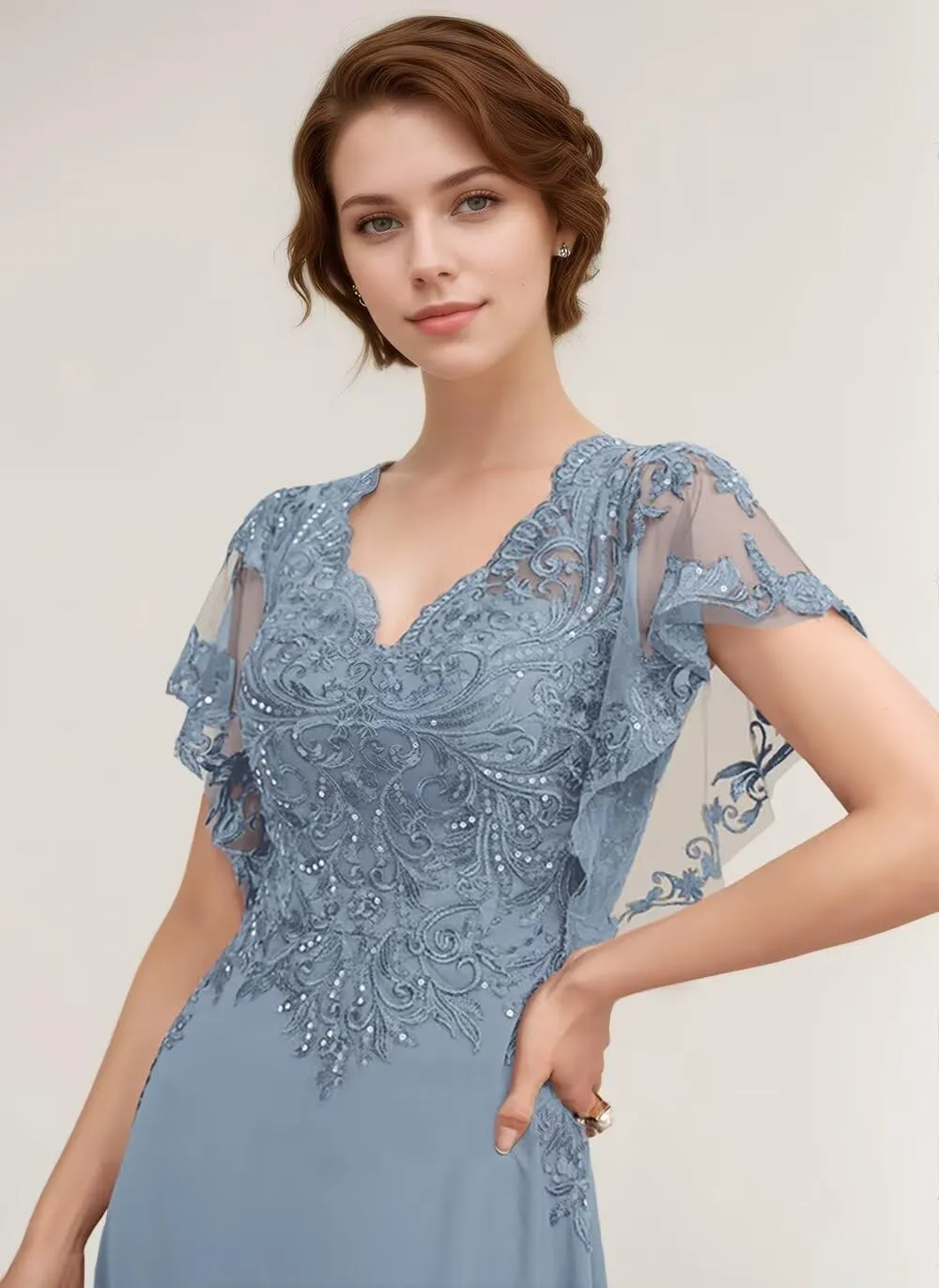 Women's V-Neck Lace Appliques Mother of The Bride Dresses A-Line Chiffon Formal Gowns and Evening Party Dresses