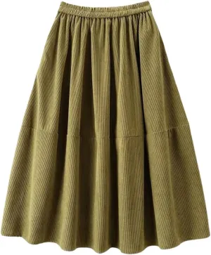 Women's Vintage Corduroy Midi Long Skirt with Pockets High Waist Pleated Swing Skirts