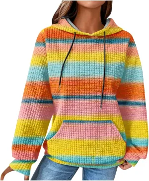 Womens Waffle Knit Hoodies Cute Hooded Sweatshirt Fall Casual Drawstring Pullover Sweater Workout Gym Hoodie Tops
