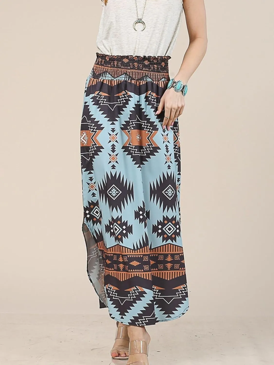 Womens Western Aztec Print Smock Waist Skirt Tribal Cowgirl Maxi Skirt Dress