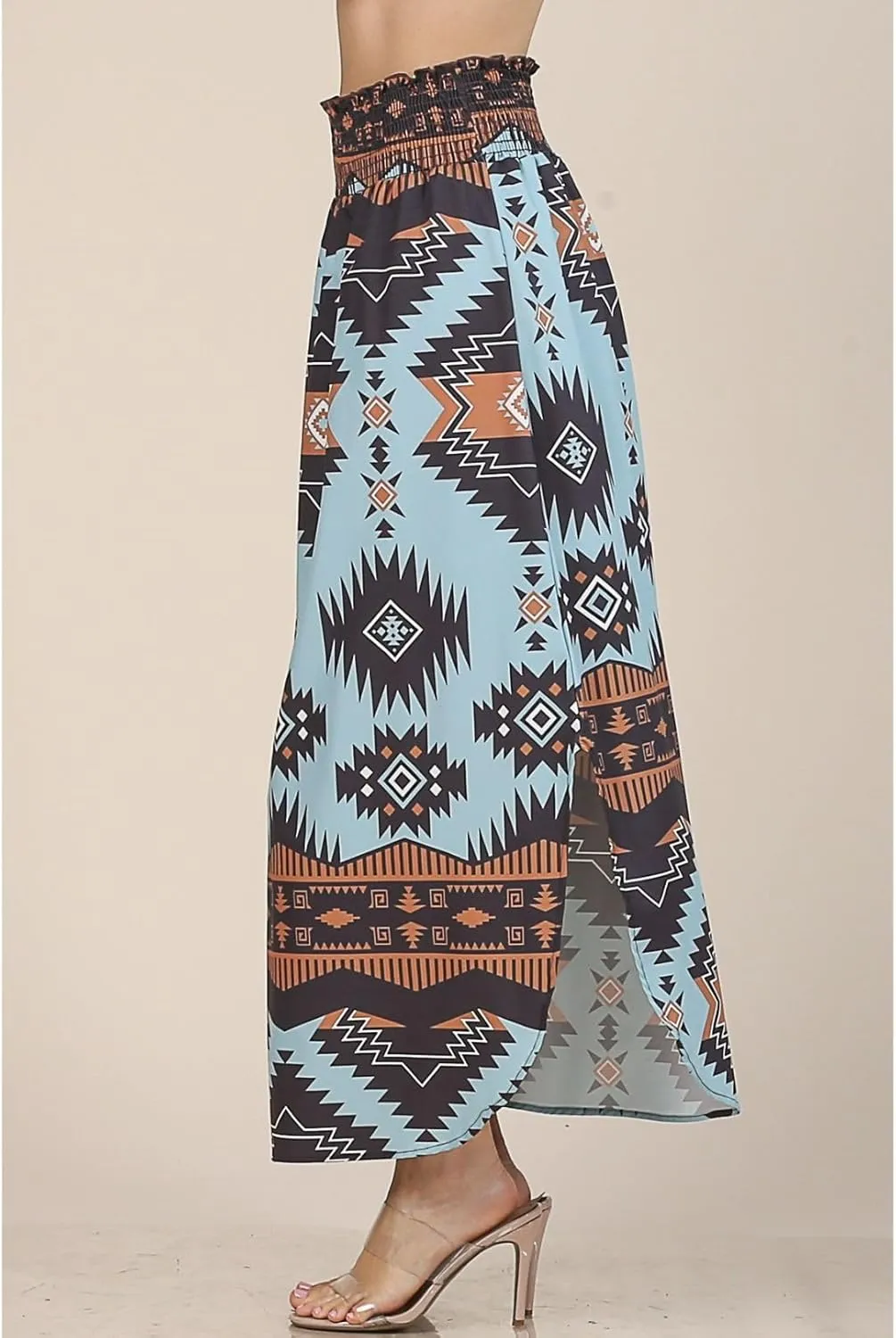 Womens Western Aztec Print Smock Waist Skirt Tribal Cowgirl Maxi Skirt Dress