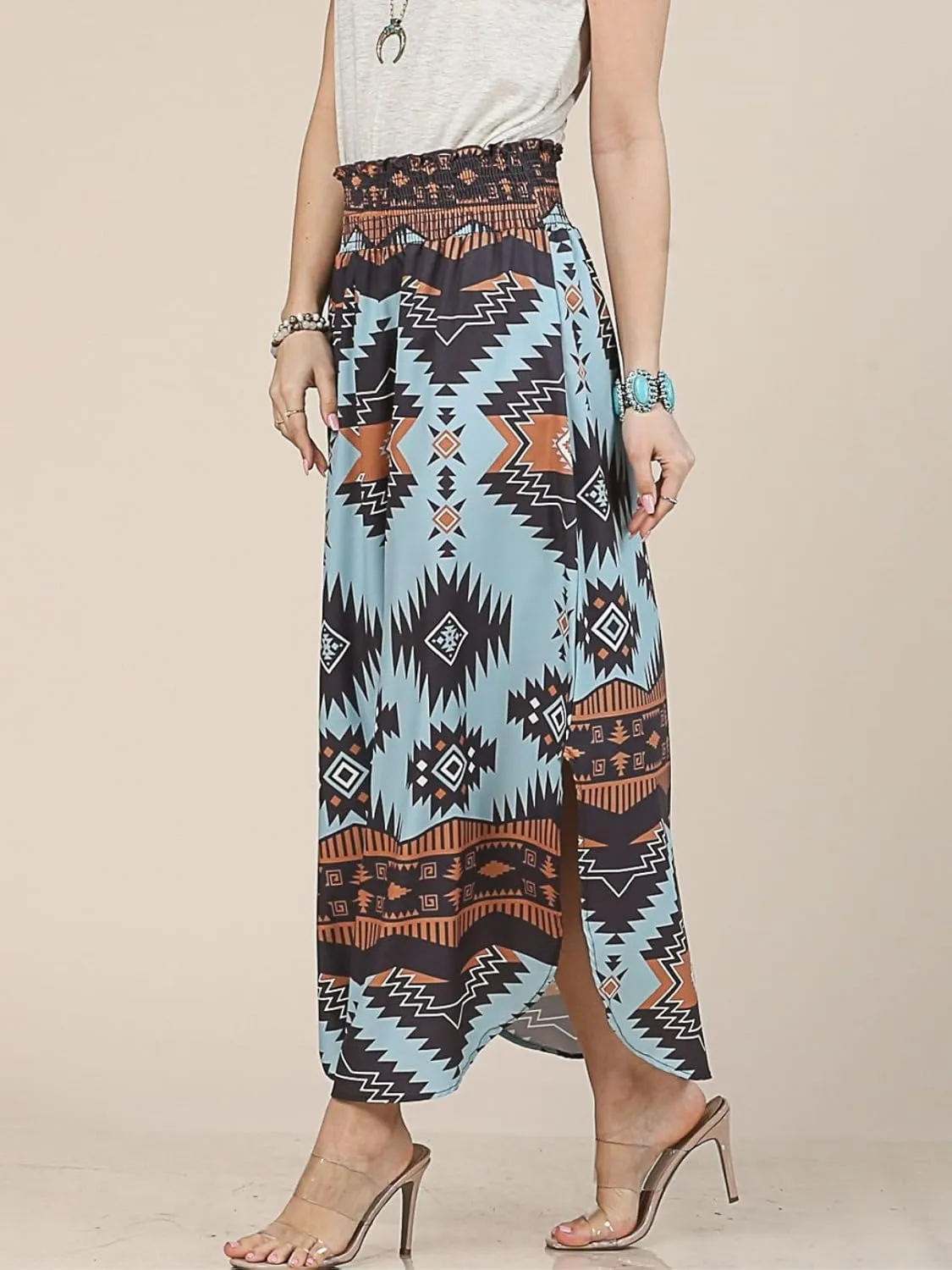 Womens Western Aztec Print Smock Waist Skirt Tribal Cowgirl Maxi Skirt Dress