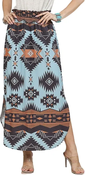 Womens Western Aztec Print Smock Waist Skirt Tribal Cowgirl Maxi Skirt Dress