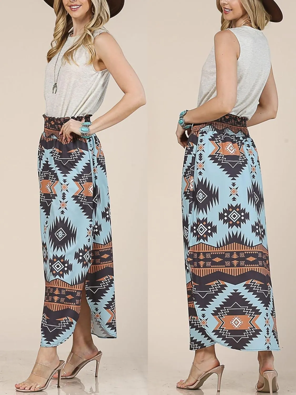 Womens Western Aztec Print Smock Waist Skirt Tribal Cowgirl Maxi Skirt Dress