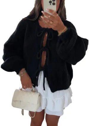 Women's Y2k Tie Front Knit Cardigan Sweater Open Front Long Sleeve Knitted Tops Elegant Going Out Jacket Knitwear