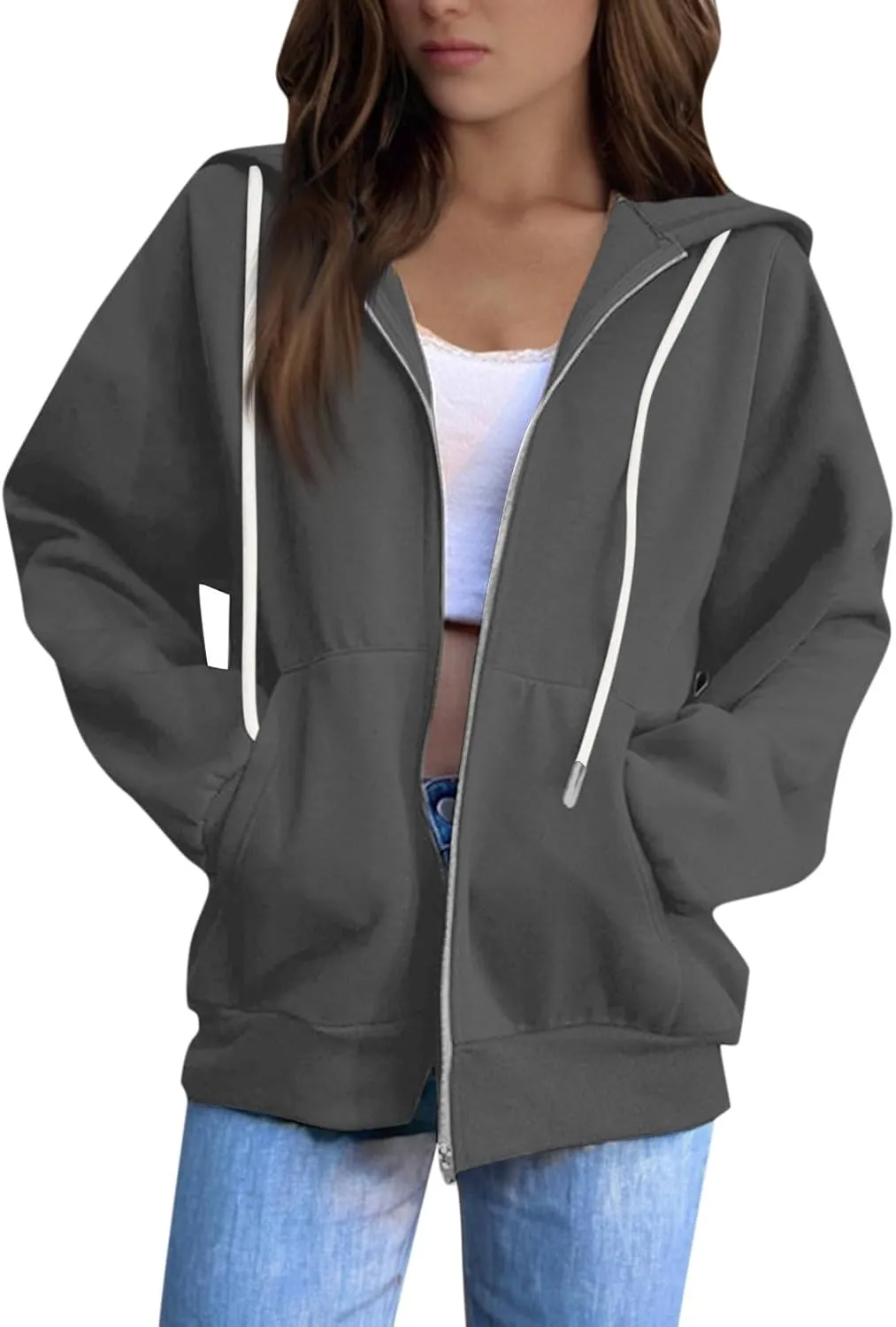 Womens Zip Up Hoodies Casual Long Sleeve Hoodie Jacket Oversized Lightweight Pullover Sweatshirts Tops with Pocket