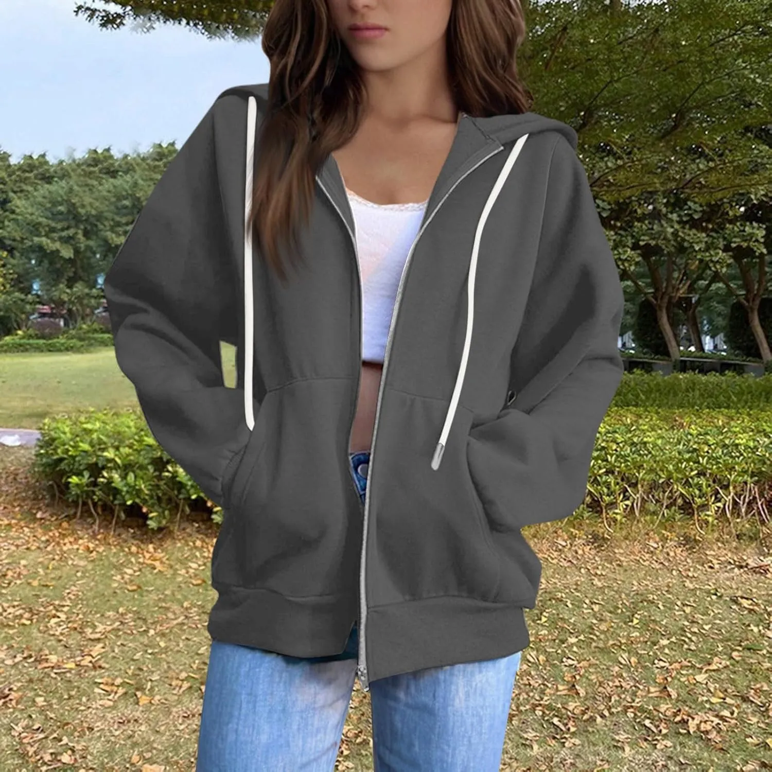 Womens Zip Up Hoodies Casual Long Sleeve Hoodie Jacket Oversized Lightweight Pullover Sweatshirts Tops with Pocket