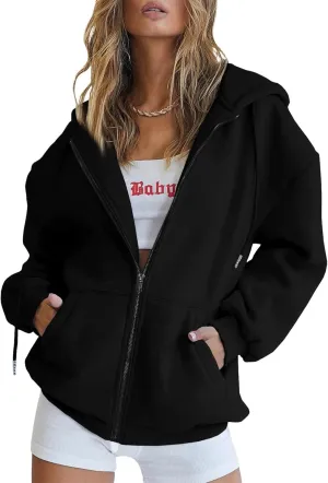 Womens Zip Up Hoodies Long Sleeve Fall Oversized Sweatshirts Casual Plain Fleece Jacket with Pockets Y2K Clothes Outwear