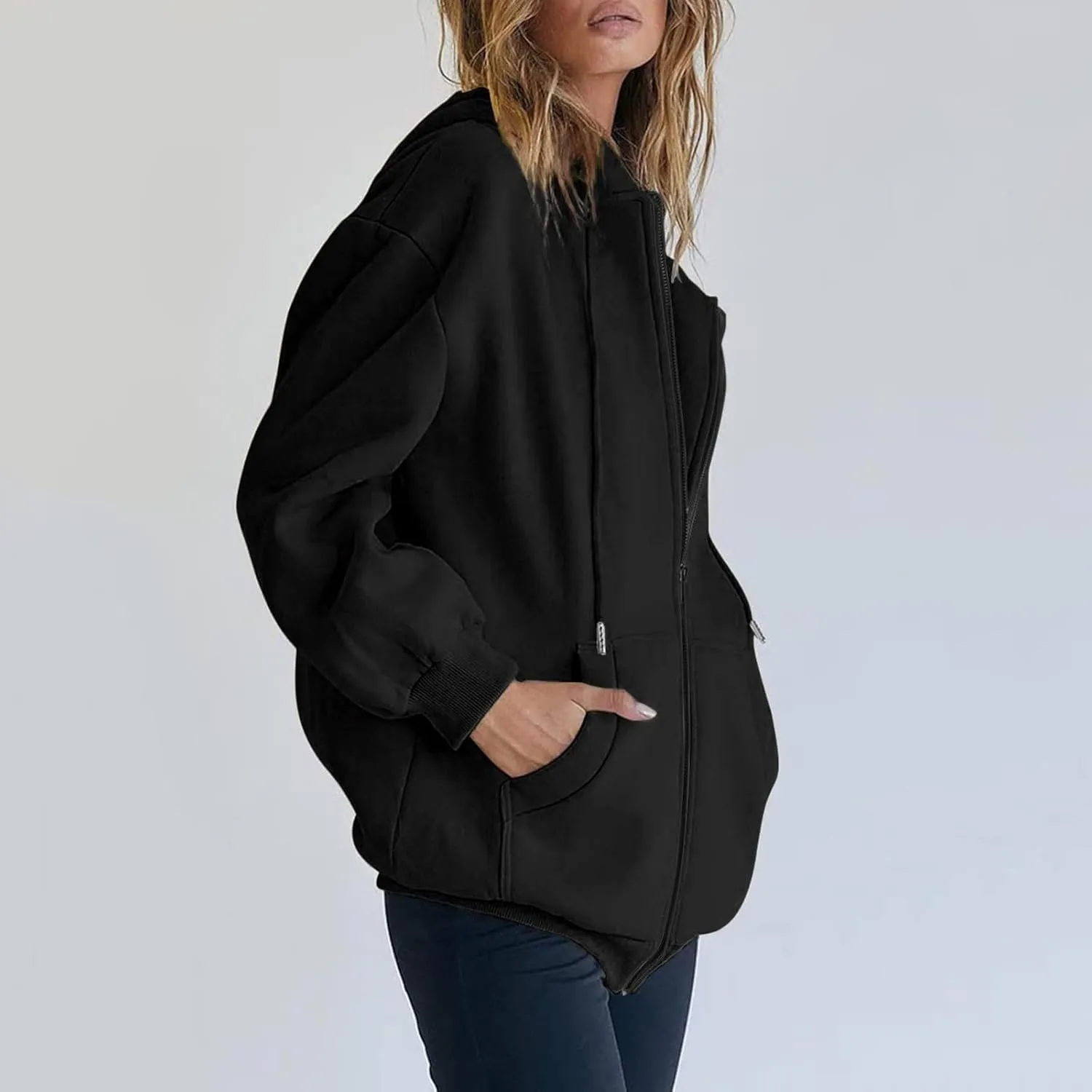 Womens Zip Up Hoodies Long Sleeve Fall Oversized Sweatshirts Casual Plain Fleece Jacket with Pockets Y2K Clothes Outwear