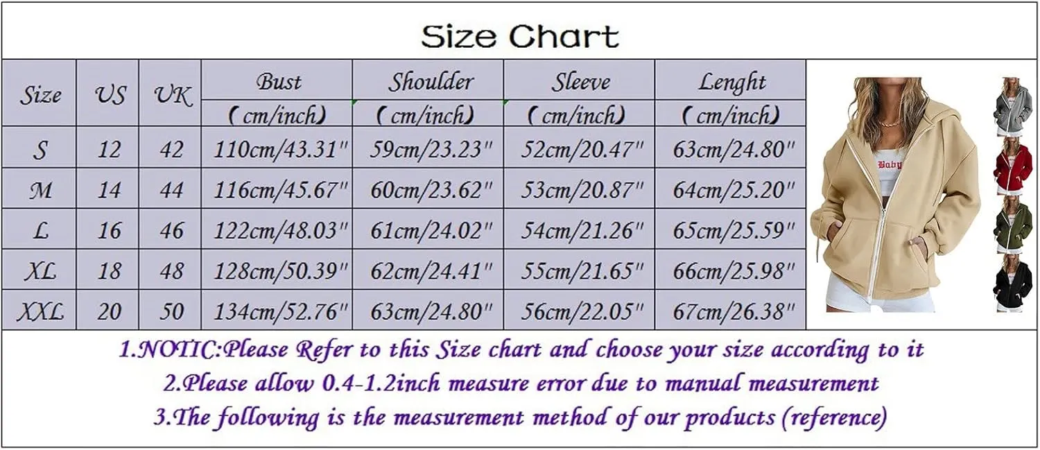 Womens Zip Up Hoodies Long Sleeve Fall Oversized Sweatshirts Casual Plain Fleece Jacket with Pockets Y2K Clothes Outwear