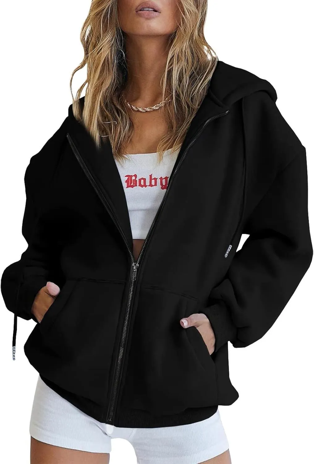 Womens Zip Up Hoodies Long Sleeve Fall Oversized Sweatshirts Casual Plain Fleece Jacket with Pockets Y2K Clothes Outwear