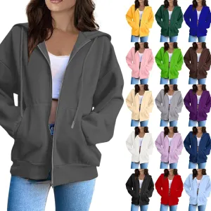 Womens Zip Up Hoodies Long Sleeve Pockets Oversized Sweatshirts Solid Y2k Hoodie Jacket Fall Fashion Clothes 2024