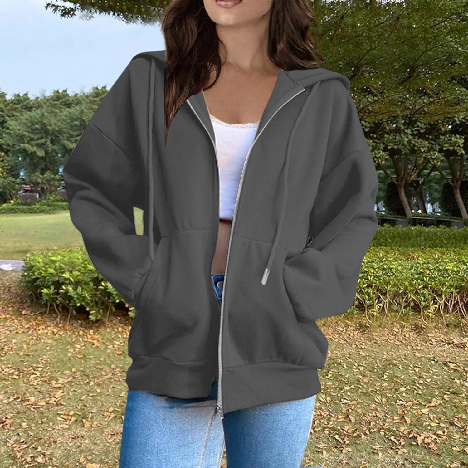 Womens Zip Up Hoodies Long Sleeve Pockets Oversized Sweatshirts Solid Y2k Hoodie Jacket Fall Fashion Clothes 2024
